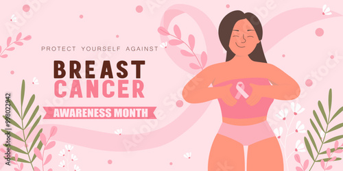 Illustrated woman promote breast cancer awareness month. Vector illustrations.