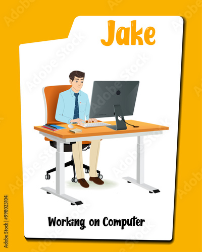 A male employee cartoon character working on computer AKA Jake, men wearing an office uniform.