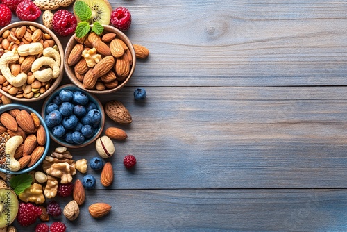 An assortment of nuts, seeds, and berries artfully displayed on a wooden table, highlighting nutritious snack ideas