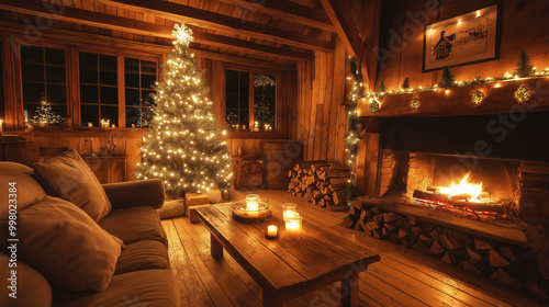 Cozy living room with twinkling Christmas lights on a tree, fireplace in the background, warm inviting atmosphere 