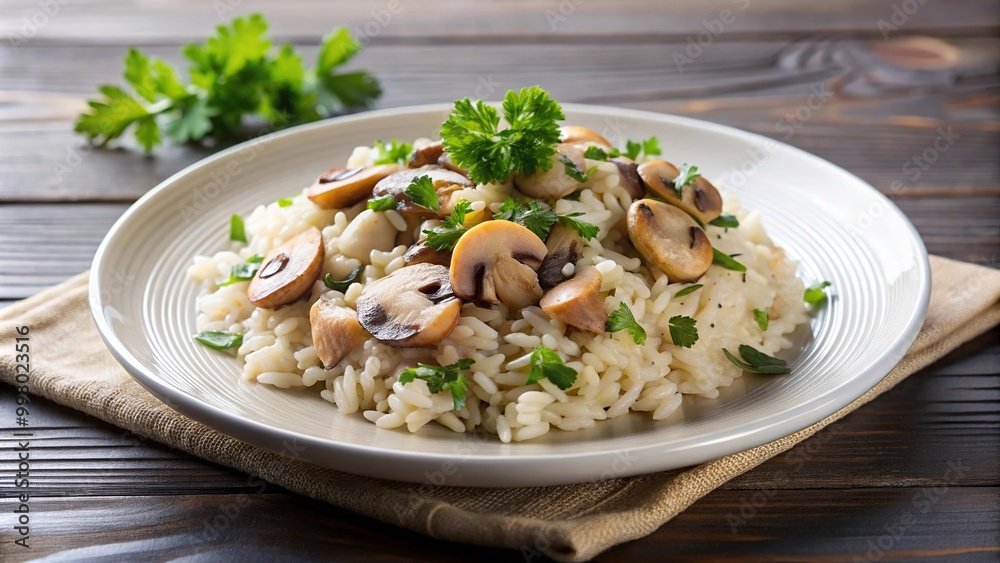 Fisheye plate of rice with mushrooms and parsley Fisheye plate of rice with mushrooms and parsley