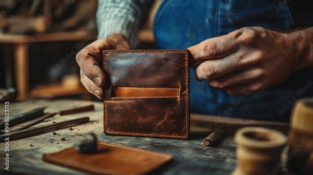 Authentic leather bifold wallet with tool Handmade wallet with craftsmanship on a leather background