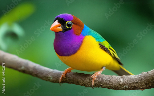 Brightly colored gouldian finch sitting on a branch. photo