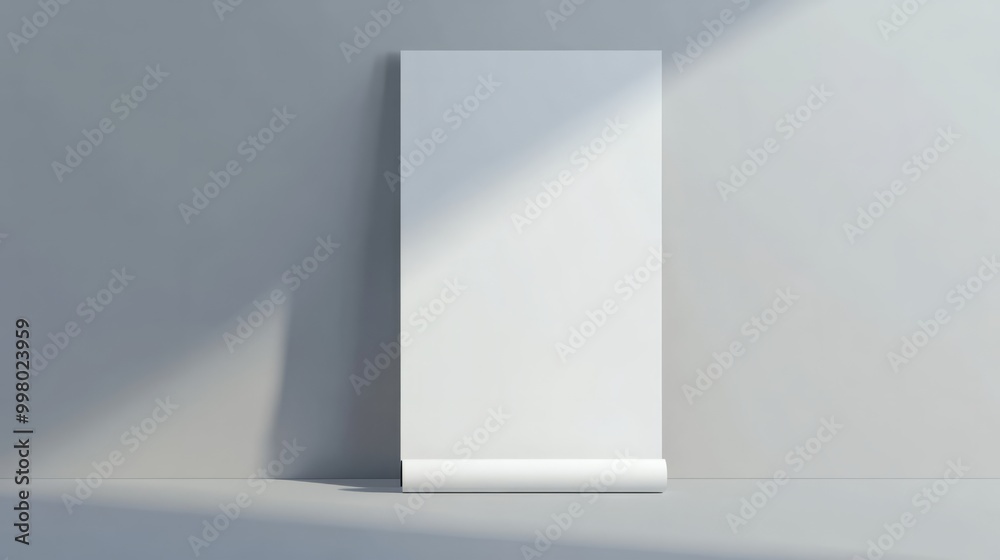 Elegant Mockup: A pristine, rolled-up poster or canvas stands against a minimalist gray wall Elegant Mockup: A pristine, rolled-up poster or canvas stands against a minimalist gray wall