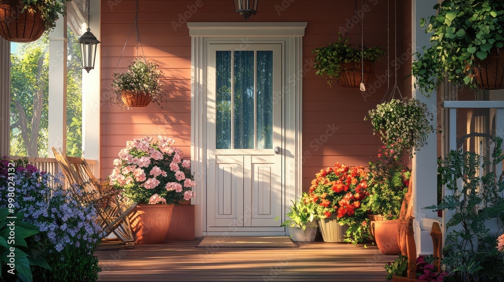Obraz premium A front porch scene in a tranquil setting, where potted plants and hanging flowers surround an open door, accented by wind chimes swaying in the breeze
