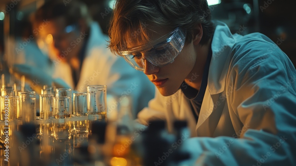 A young scientist working in a laboratory, focused on his experiment. A young scientist working in a laboratory, focused on his experiment.
