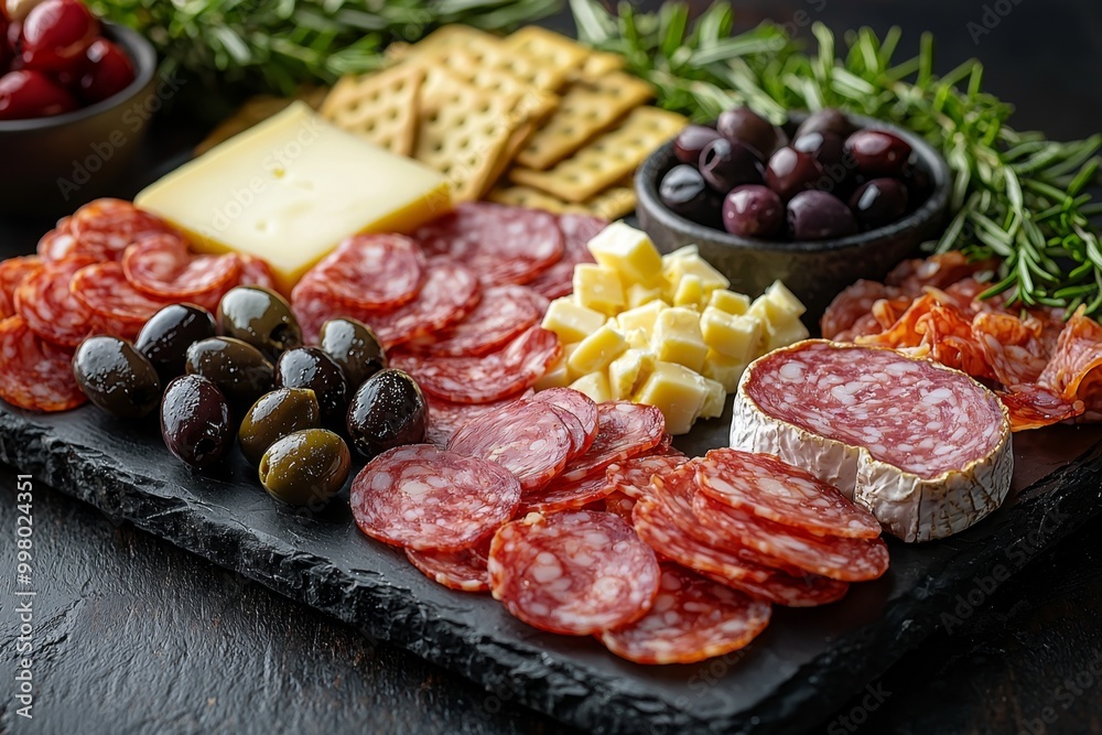 Antipasto platter with prosciutto crudo or jamon, ham, salami, cheese, olives and grapes. Elegant charcuterie board with a variety of cured meat. Antipasto platter with prosciutto crudo or jamon, ham, salami, cheese, olives and grapes. Elegant charcuterie board with a variety of cured meat.