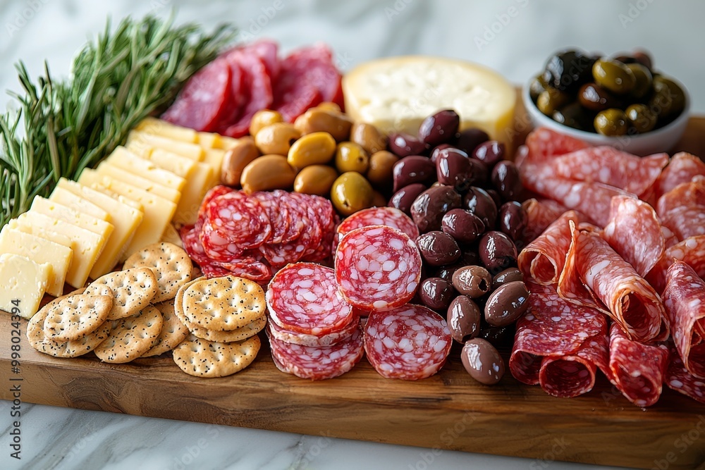 Antipasto platter with prosciutto crudo or jamon, ham, salami, cheese, olives and grapes. Elegant charcuterie board with a variety of cured meat. Antipasto platter with prosciutto crudo or jamon, ham, salami, cheese, olives and grapes. Elegant charcuterie board with a variety of cured meat.