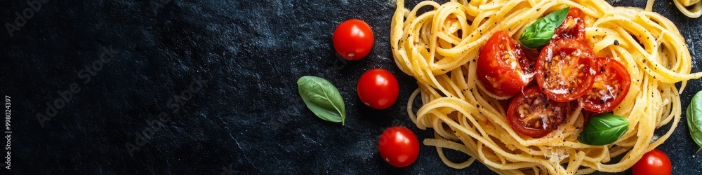 Fototapeta premium Dark background pasta with tomato sauce food banner