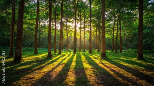 Sunlight filters through tall trees, creating shadows on the forest floor. photo