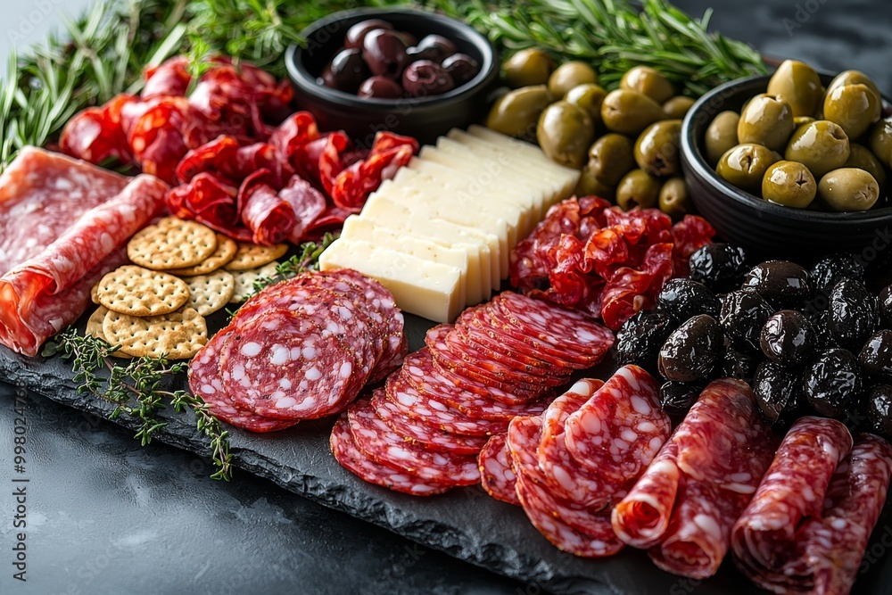 Antipasto platter with prosciutto crudo or jamon, ham, salami, cheese, olives and grapes. Elegant charcuterie board with a variety of cured meat. Antipasto platter with prosciutto crudo or jamon, ham, salami, cheese, olives and grapes. Elegant charcuterie board with a variety of cured meat.