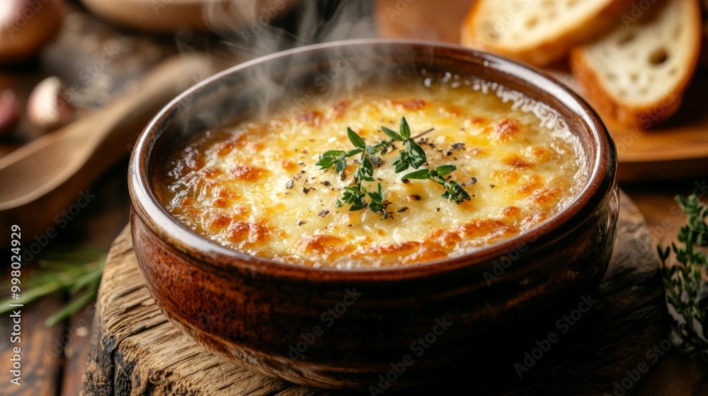 Golden French onion soup in a rustic ceramic bowl topped with melted cheese and toasted bread, steam rising, placed on a wooden table background warm and comforting Golden French onion soup in a rustic ceramic bowl topped with melted cheese and toasted bread, steam rising, placed on a wooden table background warm and comforting