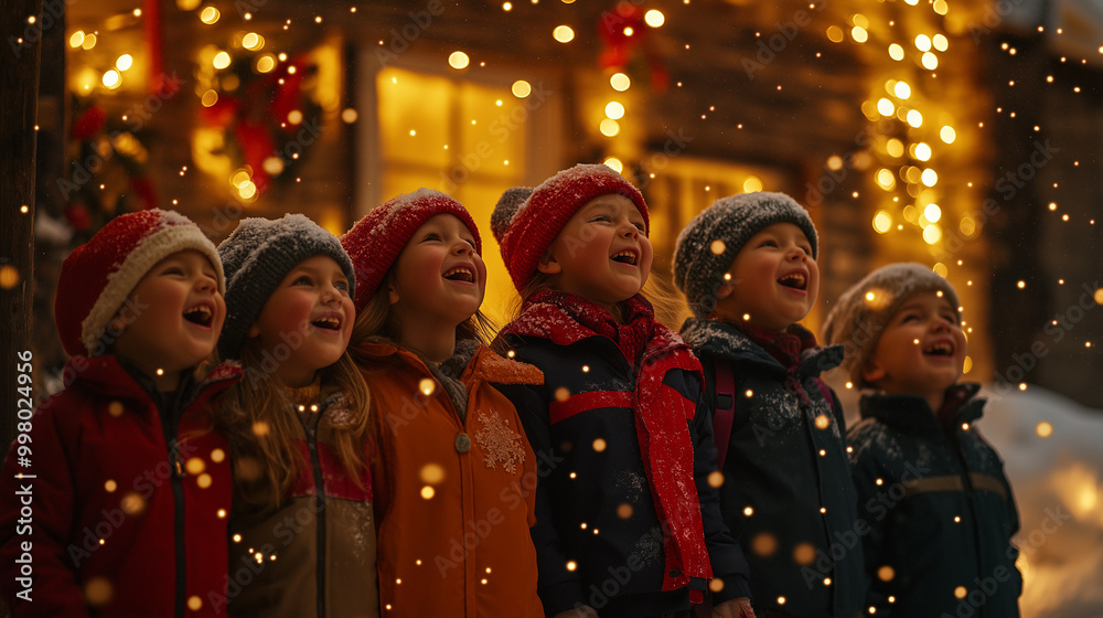 Group of children singing Christmas carols in front of a snow-covered house, bright holiday lights twinkling, joyful mood Group of children singing Christmas carols in front of a snow-covered house, bright holiday lights twinkling, joyful mood