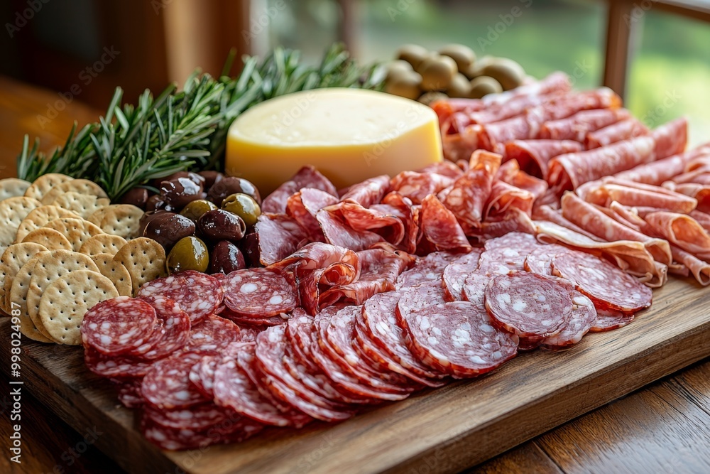 Antipasto platter with prosciutto crudo or jamon, ham, salami, cheese, olives and grapes. Elegant charcuterie board with a variety of cured meat. Antipasto platter with prosciutto crudo or jamon, ham, salami, cheese, olives and grapes. Elegant charcuterie board with a variety of cured meat.
