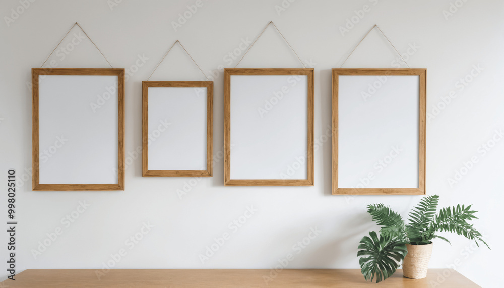 Medium size mock up frames hanging on a white wall with minimal decoration in home interior background Medium size mock up frames hanging on a white wall with minimal decoration in home interior background