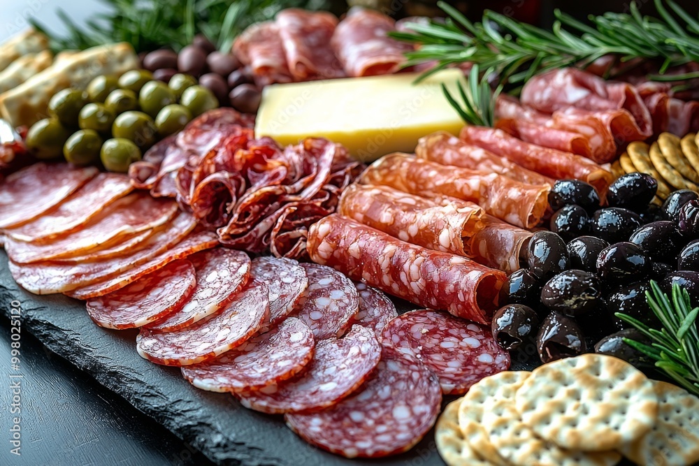 Antipasto platter with prosciutto crudo or jamon, ham, salami, cheese, olives and grapes. Elegant charcuterie board with a variety of cured meat. Antipasto platter with prosciutto crudo or jamon, ham, salami, cheese, olives and grapes. Elegant charcuterie board with a variety of cured meat.
