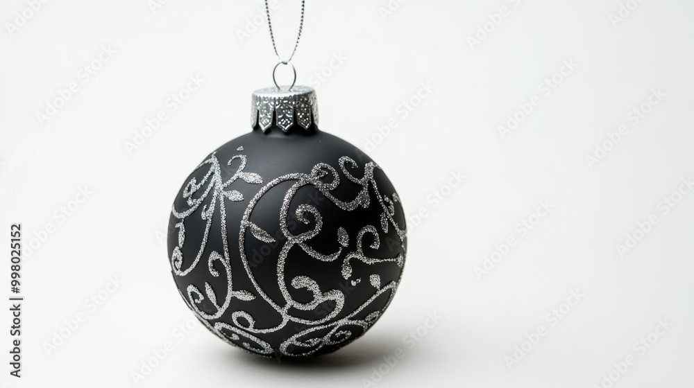 Isolated black Christmas ornament with intricate silver designs, hanging from a ribbon on a white background, space for text Isolated black Christmas ornament with intricate silver designs, hanging from a ribbon on a white background, space for text