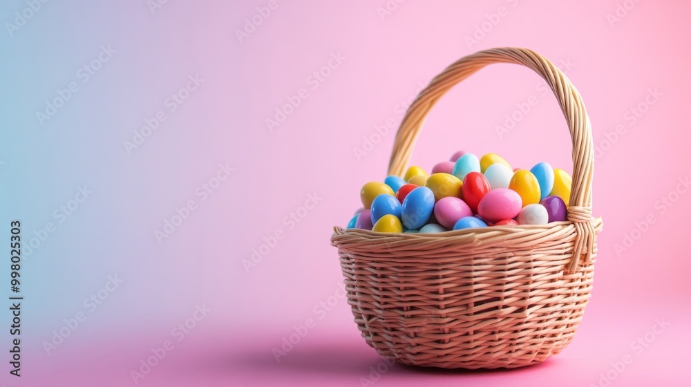 Isolated image of a colorful candy-filled Easter basket on a gradient background, soft pastels, space for text Isolated image of a colorful candy-filled Easter basket on a gradient background, soft pastels, space for text