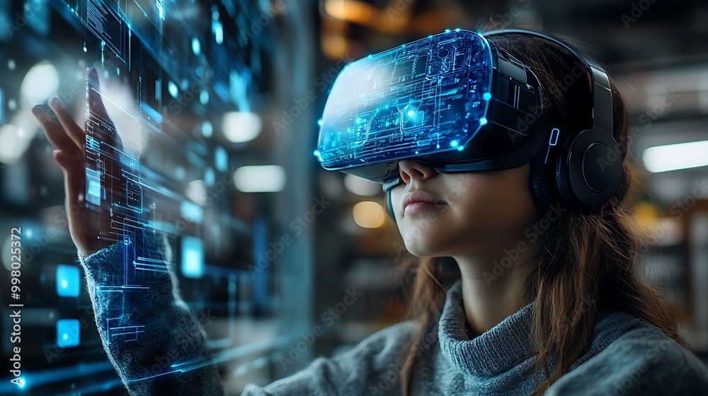 School student with VR headset using AI artificial intelligence technology & machine learning. Interactive technology in classroom. Innovation & smart tech. AI blue hologram in education School student with VR headset using AI artificial intelligence technology & machine learning. Interactive technology in classroom. Innovation & smart tech. AI blue hologram in education