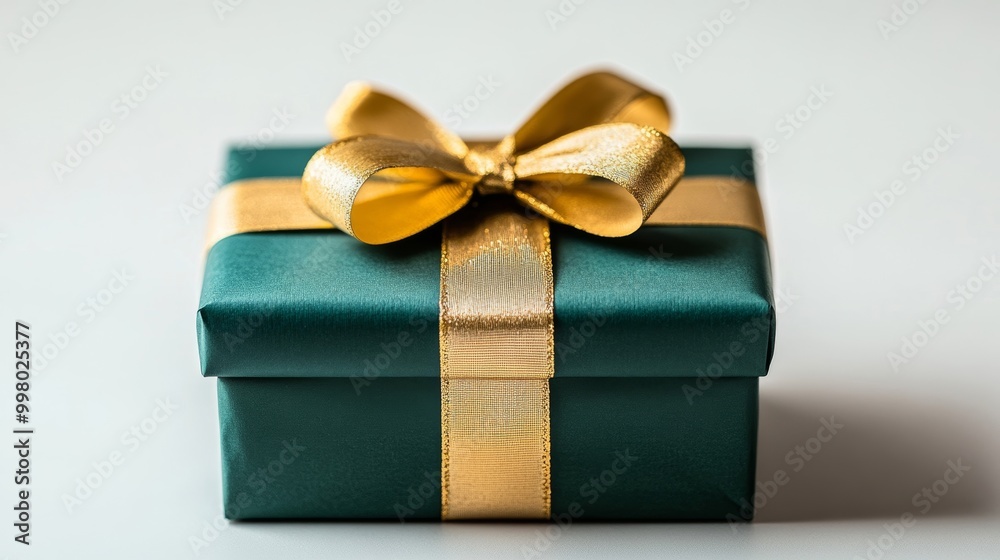 Isolated image of a single Christmas gift wrapped in green paper with a gold ribbon, minimalist white background Isolated image of a single Christmas gift wrapped in green paper with a gold ribbon, minimalist white background