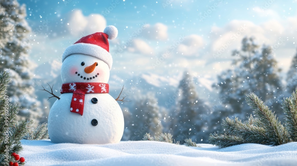 Isolated snowman with a Christmas hat and scarf, surrounded by white snow and evergreen trees, soft blue sky Isolated snowman with a Christmas hat and scarf, surrounded by white snow and evergreen trees, soft blue sky