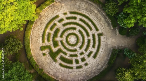 Aerial view of a circular labyrinth surrounded by lush greenery, showcasing intricate paths and a serene outdoor environment.