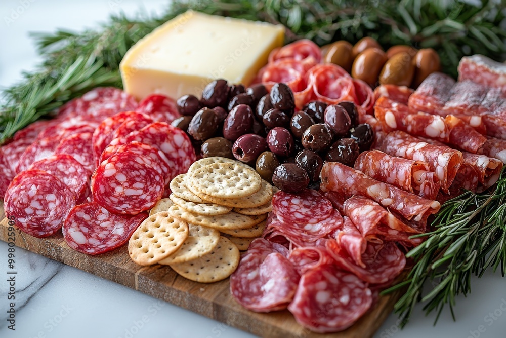 Antipasto platter with prosciutto crudo or jamon, ham, salami, cheese, olives and grapes. Elegant charcuterie board with a variety of cured meat. Antipasto platter with prosciutto crudo or jamon, ham, salami, cheese, olives and grapes. Elegant charcuterie board with a variety of cured meat.