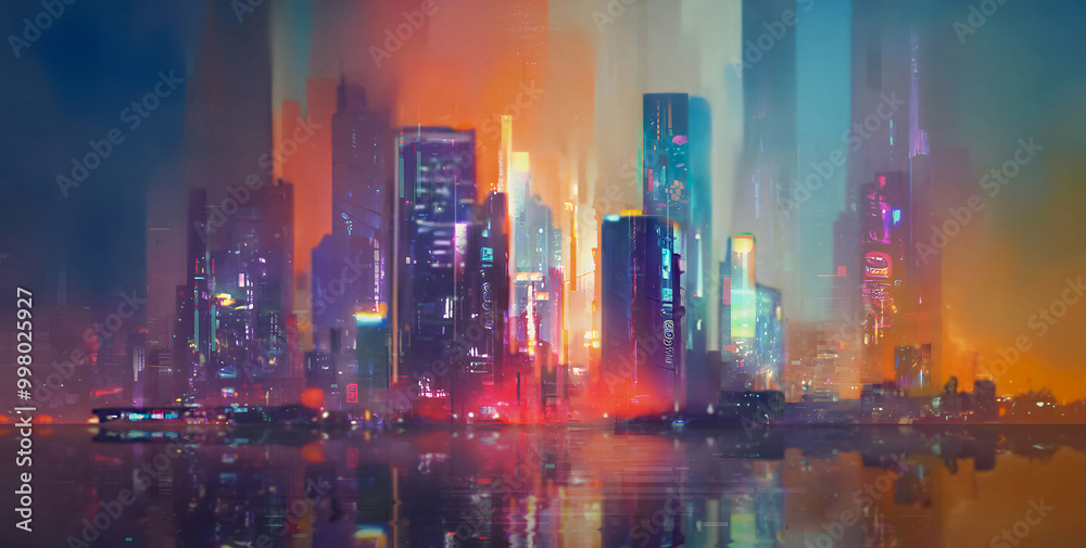 drawing an evening city with bright lights and water reflection
