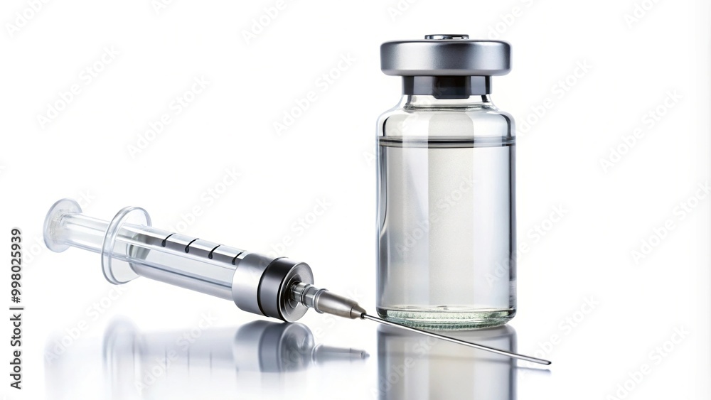 Fisheye vaccine vial bottle and syringe on white background Fisheye vaccine vial bottle and syringe on white background