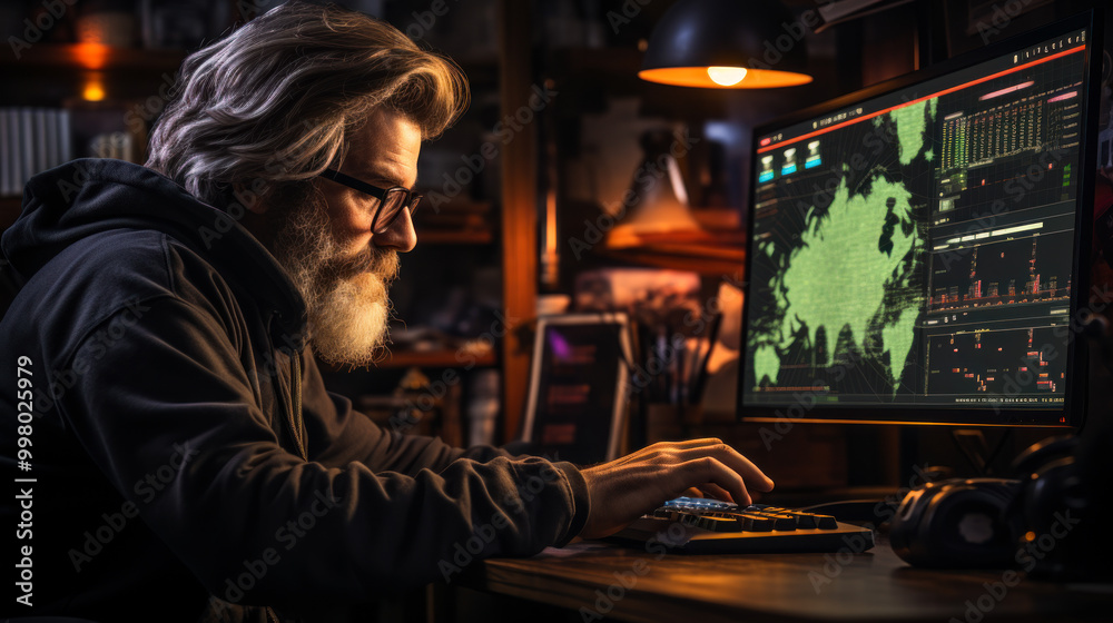 A man with a beard is sitting in front of a computer monitor. He is typing on the keyboard A man with a beard is sitting in front of a computer monitor. He is typing on the keyboard