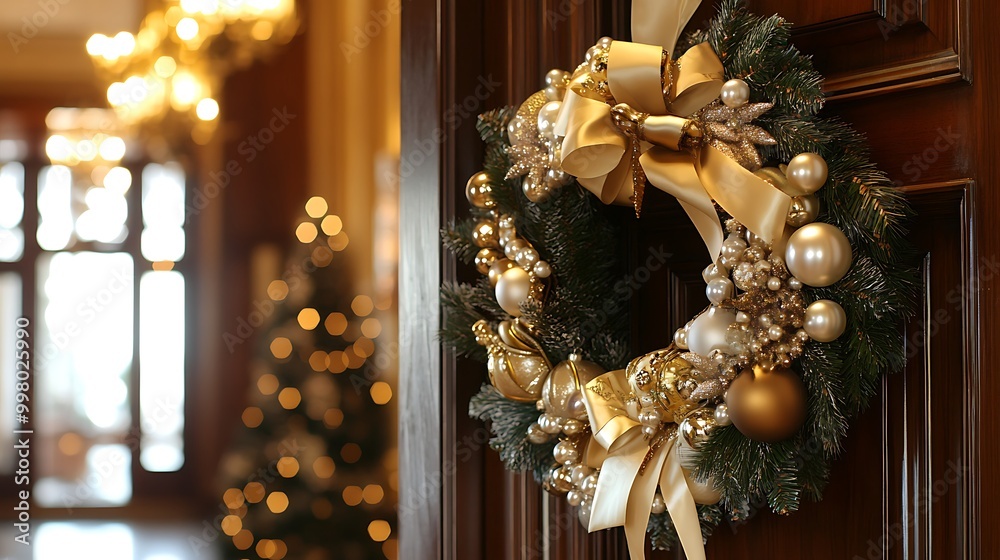 A luxurious Christmas wreath with pearls and silk ribbons hanging on a grand door A luxurious Christmas wreath with pearls and silk ribbons hanging on a grand door