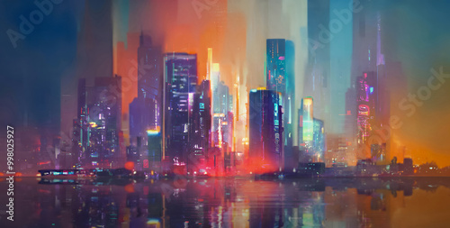 drawing an evening city with bright lights and water reflection