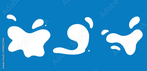 Milk splash flat simple background silhouette, white on blue. Drops and splatter of spilled liquid
