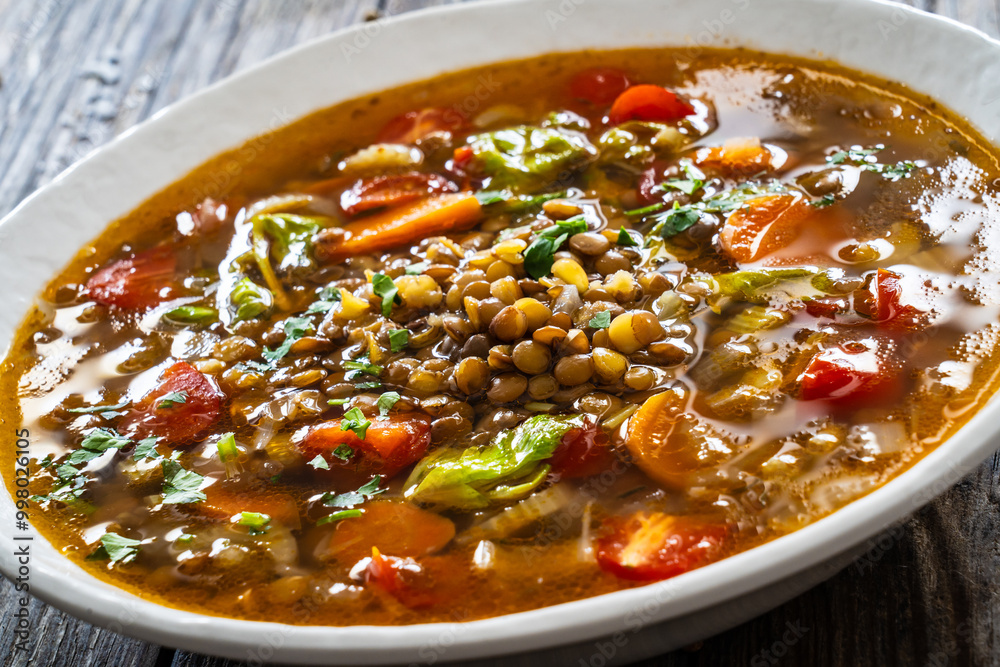 Fresh vegetable soup with lentil served in white bowl on wooden table
Fresh vegetable soup with lentil served in white bowl on wooden table