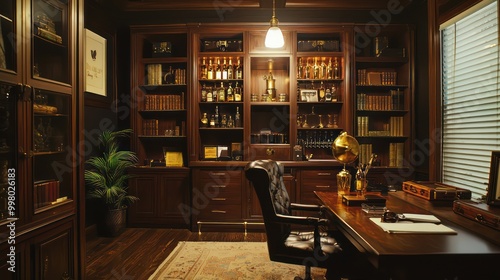 Home office with a Prohibition-era theme, featuring a hidden speakeasy bar, vintage liquor cabinets, and 1920s decor Mysterious and stylish