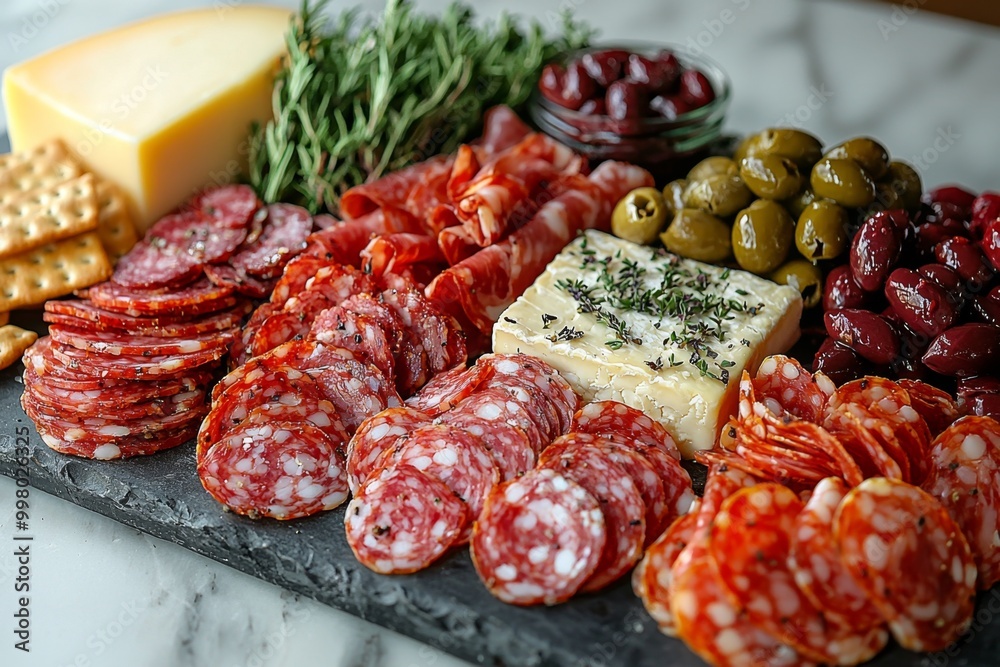 Antipasto platter with prosciutto crudo or jamon, ham, salami, cheese, olives and grapes. Elegant charcuterie board with a variety of cured meat. Antipasto platter with prosciutto crudo or jamon, ham, salami, cheese, olives and grapes. Elegant charcuterie board with a variety of cured meat.