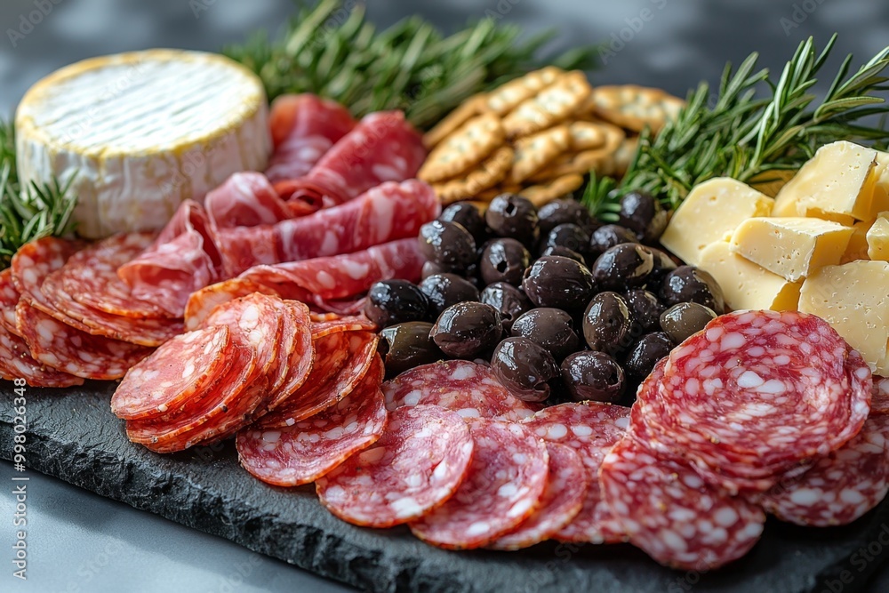 Antipasto platter with prosciutto crudo or jamon, ham, salami, cheese, olives and grapes. Elegant charcuterie board with a variety of cured meat.