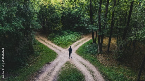 A lone figure stands at a crossroads in a lush forest, contemplating the path ahead amid serene greenery. photo