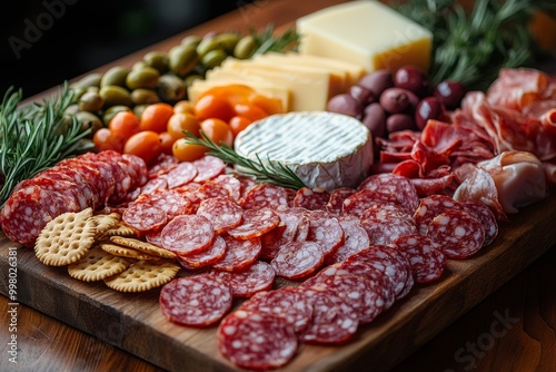 Antipasto platter with prosciutto crudo or jamon, ham, salami, cheese, olives and grapes. Elegant charcuterie board with a variety of cured meat.