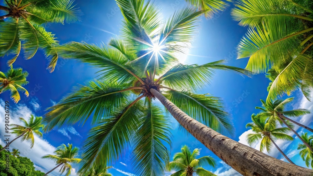 Fisheye view of Coconut palm tree against blue sky with sun shining Fisheye view of Coconut palm tree against blue sky with sun shining