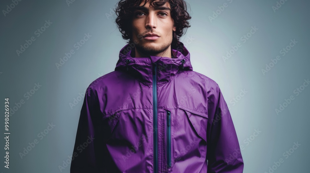 Obraz premium Purple rain jacket with reflective accents isolated on a light grey background vibrant and protective 