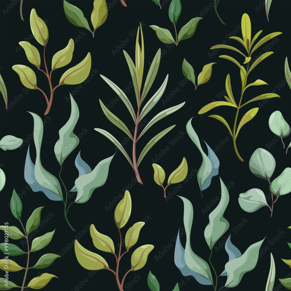 Seamless pattern with greenery, twigs and leaves on a dark background. Vector illustration.
Seamless pattern with greenery, twigs and leaves on a dark background. Vector illustration.