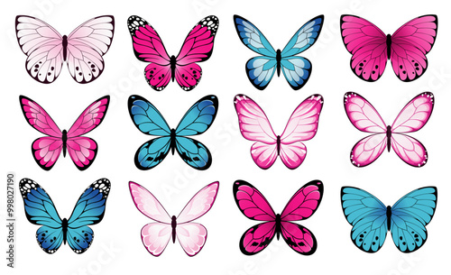 A set of pink and blue butterflies on a white background. Vector illustration.
