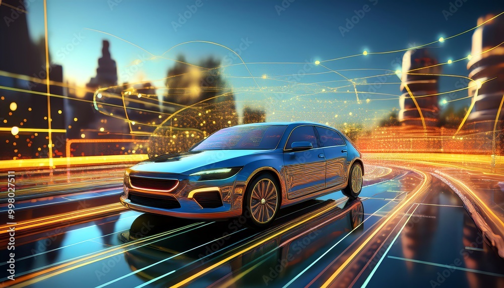 A futuristic car moves through a vibrant, illuminated city, showcasing modern technology and design against a dynamic backdrop. A futuristic car moves through a vibrant, illuminated city, showcasing modern technology and design against a dynamic backdrop.