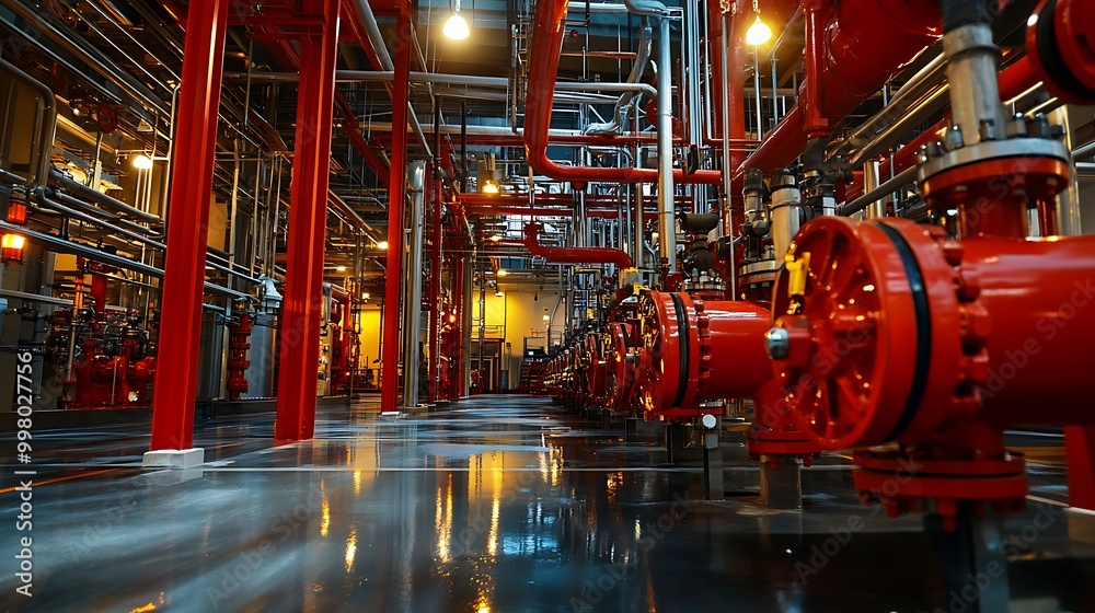 A detailed view of an automated fire suppression system in an oil refinery, showing high-pressure sprinkler heads installed above machinery and along pipe racks. A detailed view of an automated fire suppression system in an oil refinery, showing high-pressure sprinkler heads installed above machinery and along pipe racks.