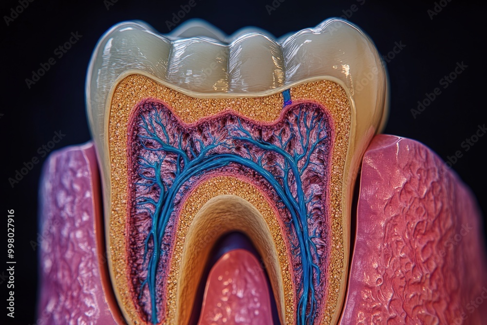 Detailed cross-section of a human tooth showing the enamel, dentin, pulp, and gum. Detailed cross-section of a human tooth showing the enamel, dentin, pulp, and gum.