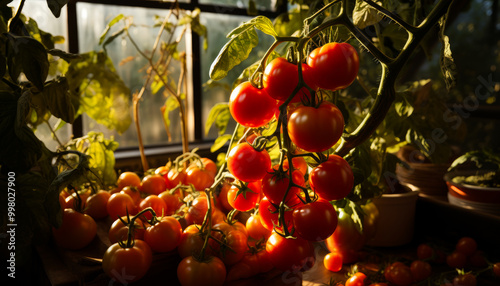A bunch of ripe red tomatoes are hanging from a plant. The tomatoes are in various stages of ripeness, with some still green and others already red. The scene is bright and sunny