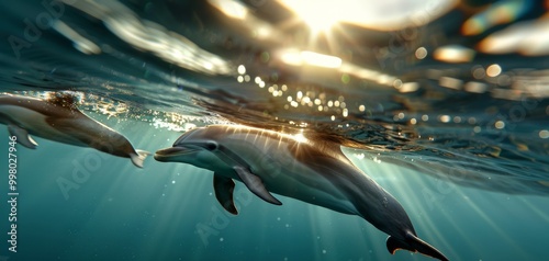 Dolphins swimming gracefully underwater with sunlight filtering through the surface, creating a magical atmosphere and highlighting the beauty and intelligence of these marine mamm photo