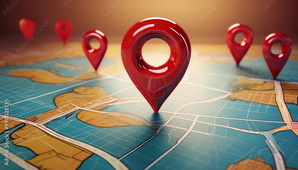A vibrant map with several red location pins indicating specific ...