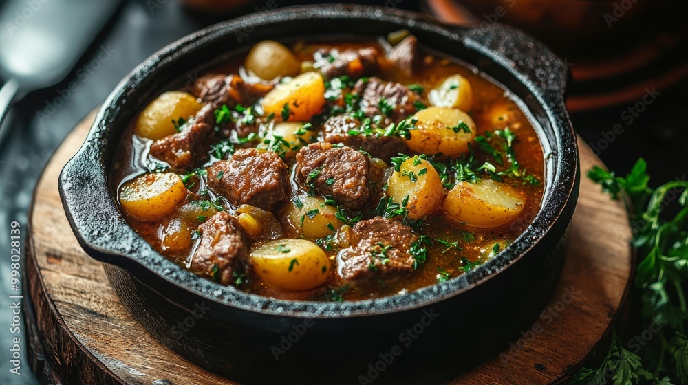 Slow-cooked beef stew with potatoes and herbs in a thick winter broth, served in a cast-iron bowl placed on a rustic wooden board hearty and warming 